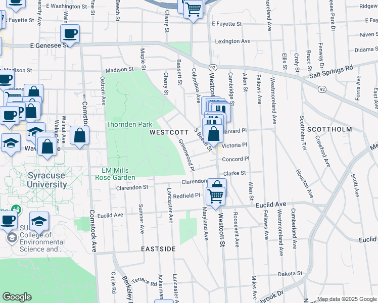 map of restaurants, bars, coffee shops, grocery stores, and more near 317 Greenwood Place in Syracuse