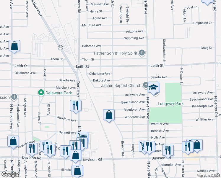 map of restaurants, bars, coffee shops, grocery stores, and more near 2820 Branch Road in Flint