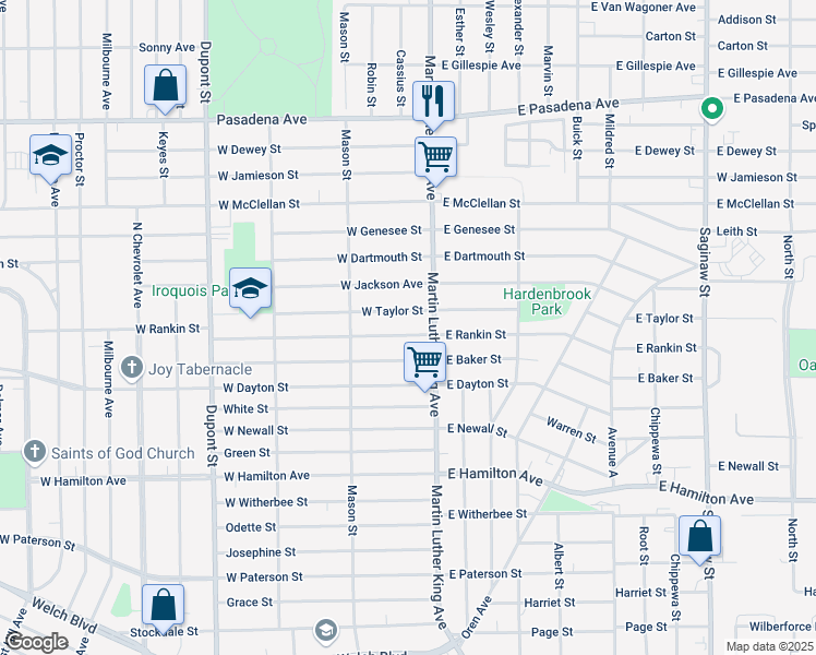 map of restaurants, bars, coffee shops, grocery stores, and more near 128 West Taylor Street in Flint