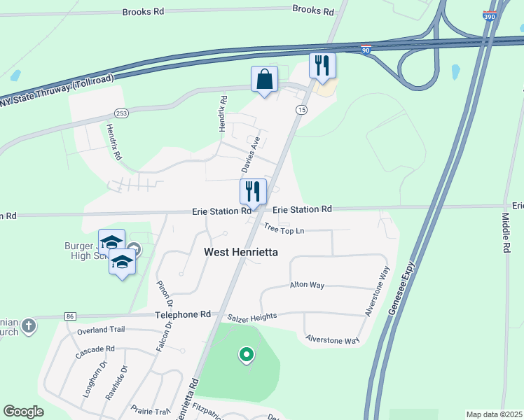 map of restaurants, bars, coffee shops, grocery stores, and more near West Henrietta Road in West Henrietta