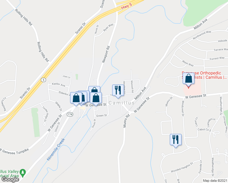 map of restaurants, bars, coffee shops, grocery stores, and more near 25 1st Street in Camillus