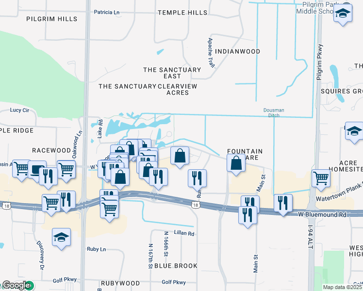 map of restaurants, bars, coffee shops, grocery stores, and more near 16505 West Wisconsin Avenue in Brookfield