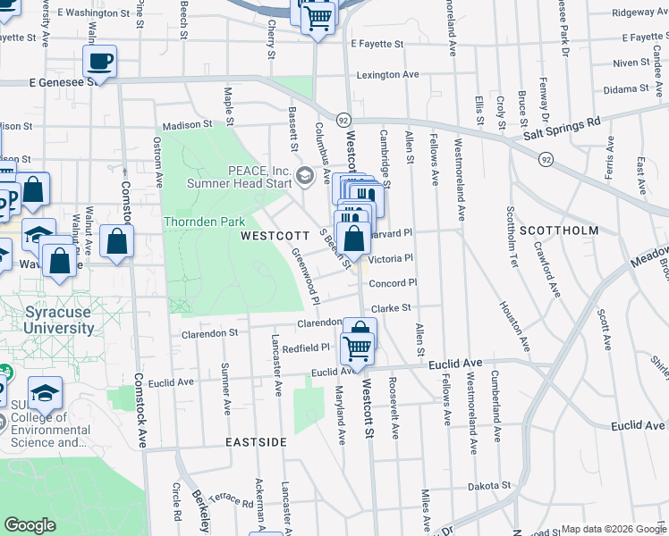 map of restaurants, bars, coffee shops, grocery stores, and more near 115 Trinity Place in Syracuse