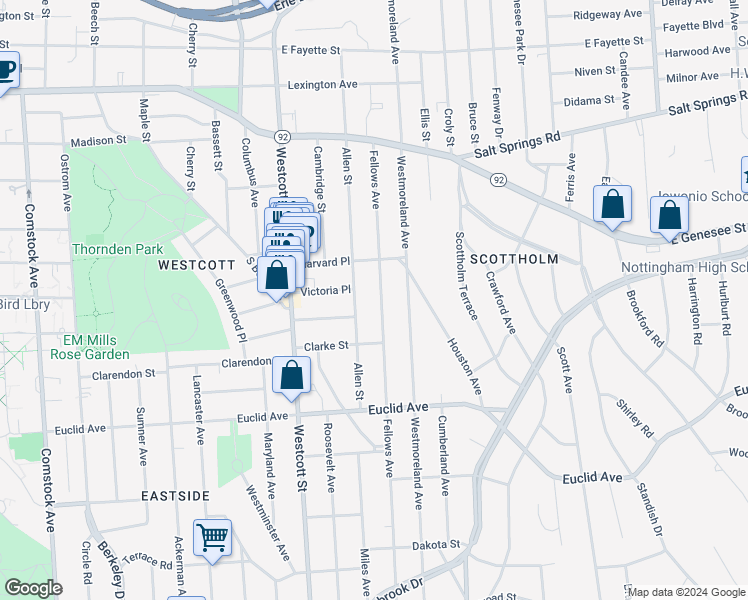 map of restaurants, bars, coffee shops, grocery stores, and more near 623 Allen Street in Syracuse