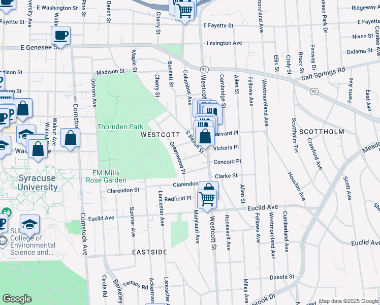 map of restaurants, bars, coffee shops, grocery stores, and more near 726 South Beech Street in Syracuse