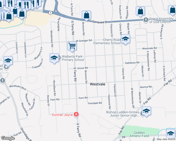 map of restaurants, bars, coffee shops, grocery stores, and more near 315 Bronson Road in Syracuse