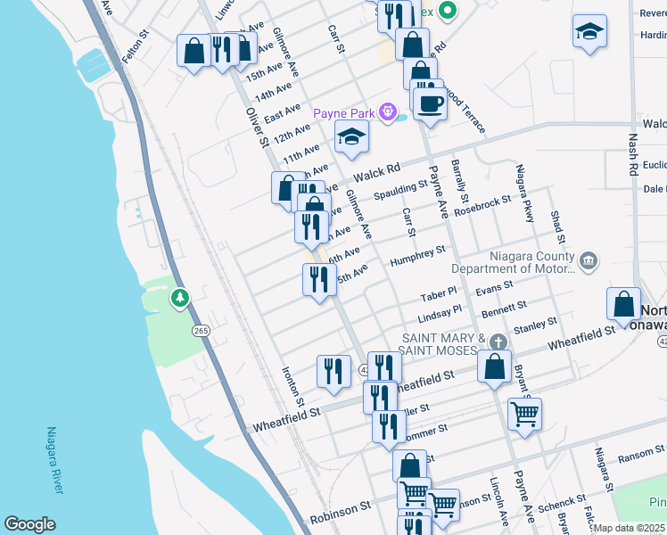 map of restaurants, bars, coffee shops, grocery stores, and more near 685 Oliver Street in North Tonawanda