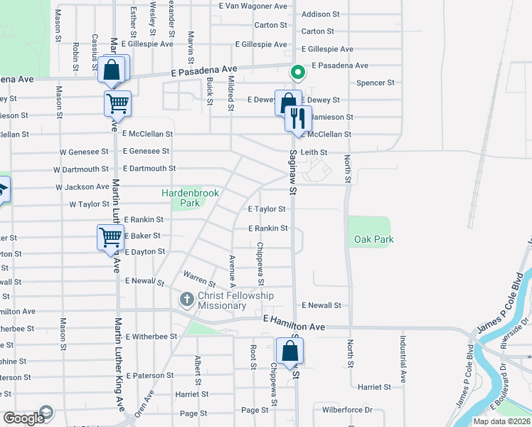 map of restaurants, bars, coffee shops, grocery stores, and more near 605 East Taylor Street in Flint