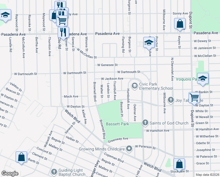 map of restaurants, bars, coffee shops, grocery stores, and more near 2708 Landon Street in Flint