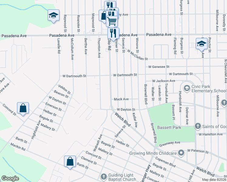 map of restaurants, bars, coffee shops, grocery stores, and more near 2713 Wisner Street in Flint