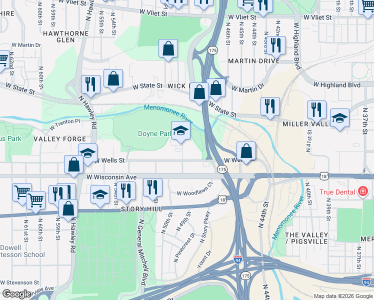 map of restaurants, bars, coffee shops, grocery stores, and more near 920 North 49th Street in Milwaukee