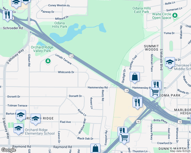 map of restaurants, bars, coffee shops, grocery stores, and more near 4930 Whitcomb Drive in Madison
