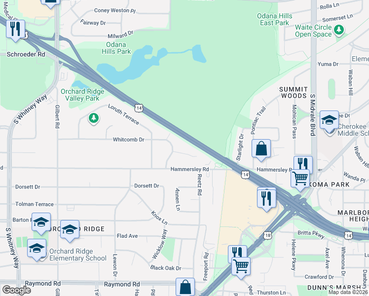 map of restaurants, bars, coffee shops, grocery stores, and more near 4930 Whitcomb Drive in Madison