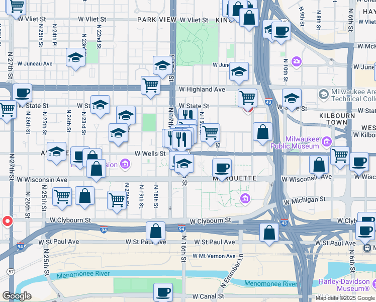 map of restaurants, bars, coffee shops, grocery stores, and more near 1532 West Wells Street in Milwaukee