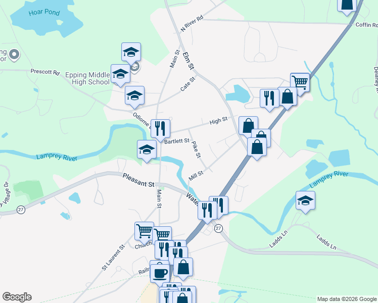 map of restaurants, bars, coffee shops, grocery stores, and more near 19 Bartlett Street in Epping