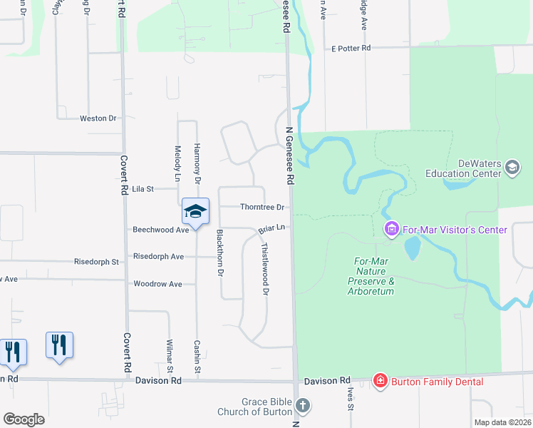map of restaurants, bars, coffee shops, grocery stores, and more near 4488 Rosethorn Circle in Burton