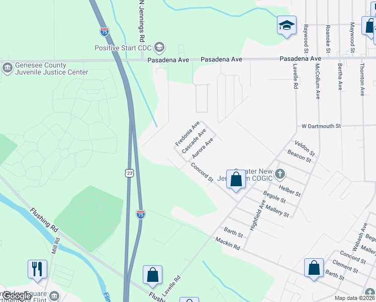 map of restaurants, bars, coffee shops, grocery stores, and more near 2338 Cascade Avenue in Flint