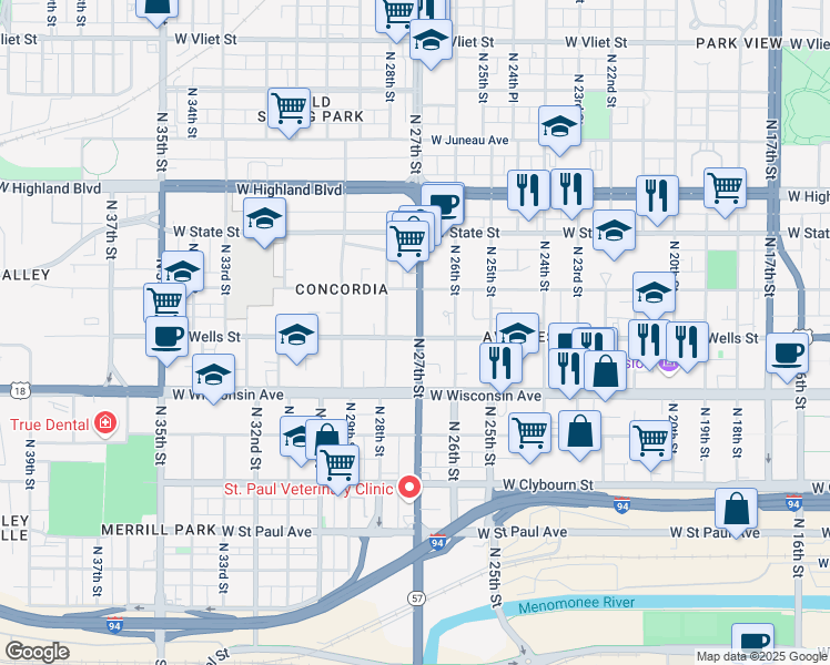 map of restaurants, bars, coffee shops, grocery stores, and more near 801 N 27th St in Milwaukee