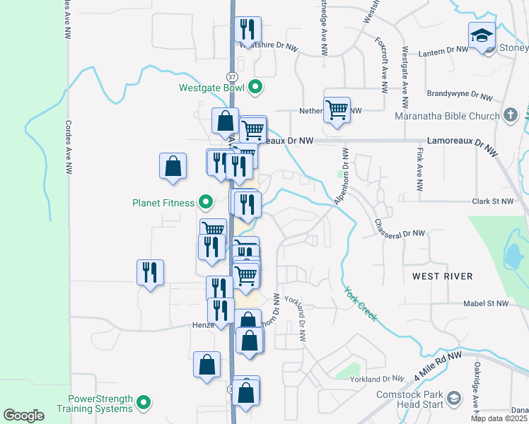 map of restaurants, bars, coffee shops, grocery stores, and more near 649 York Creek Drive Northwest in Comstock Park
