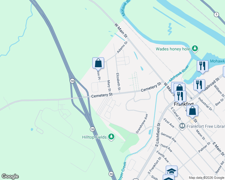 map of restaurants, bars, coffee shops, grocery stores, and more near 206 Mary Street in Frankfort