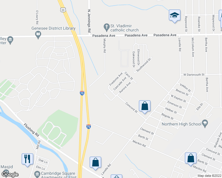 map of restaurants, bars, coffee shops, grocery stores, and more near 3635 Concord Street in Flint