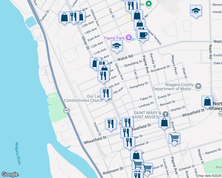 map of restaurants, bars, coffee shops, grocery stores, and more near 685 Oliver Street in North Tonawanda