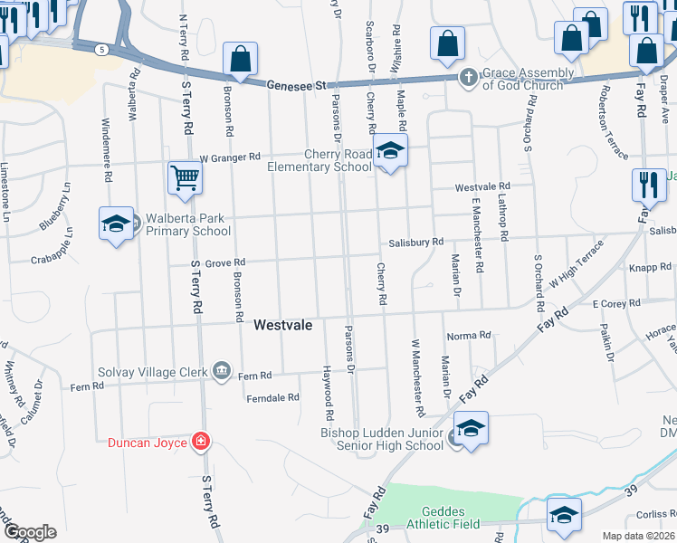 map of restaurants, bars, coffee shops, grocery stores, and more near 404 Parsons Drive in Syracuse