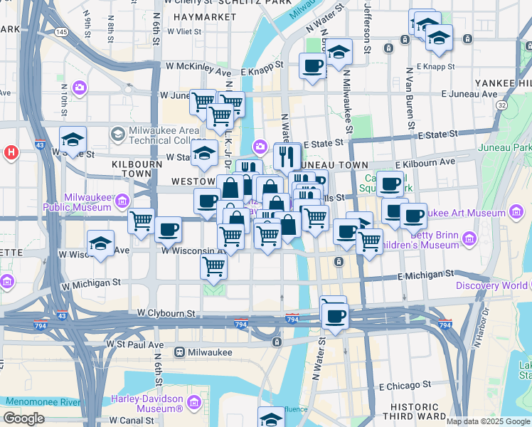 map of restaurants, bars, coffee shops, grocery stores, and more near 826 North Plankinton Avenue in Milwaukee