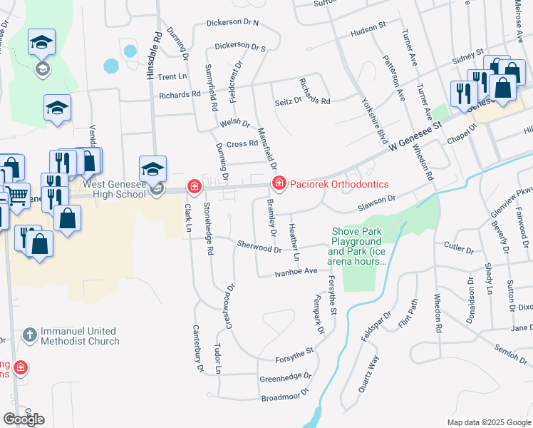 map of restaurants, bars, coffee shops, grocery stores, and more near 108 Bramley Drive in Camillus