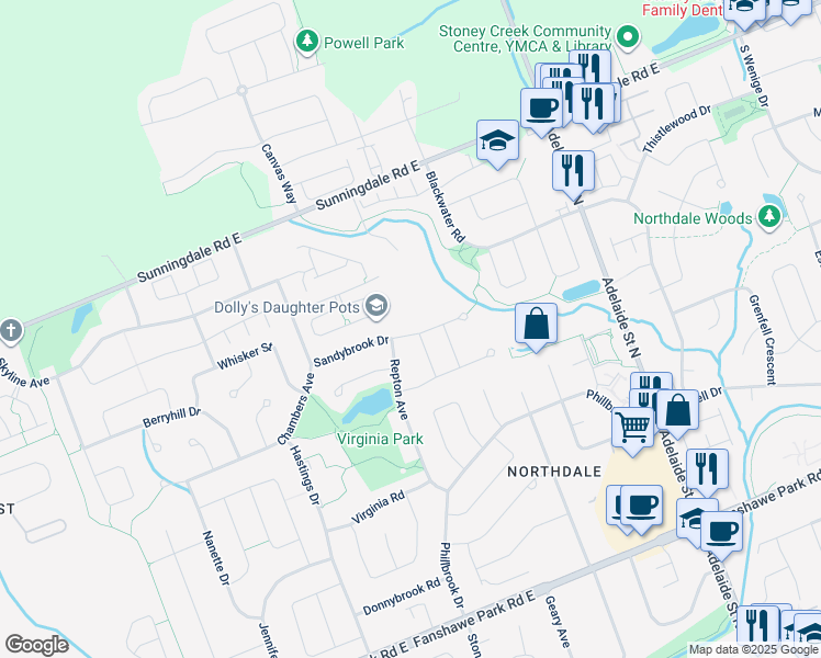 map of restaurants, bars, coffee shops, grocery stores, and more near 556 Sandybrook Drive in London