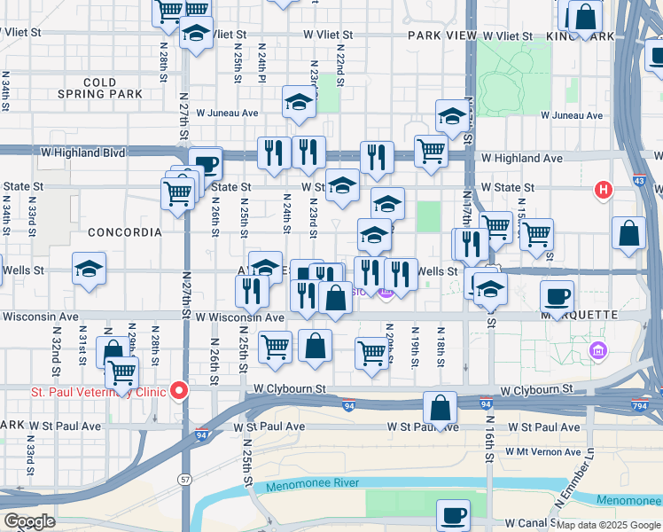 map of restaurants, bars, coffee shops, grocery stores, and more near in Milwaukee