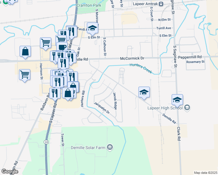 map of restaurants, bars, coffee shops, grocery stores, and more near 179 Jacob Ridge in Lapeer
