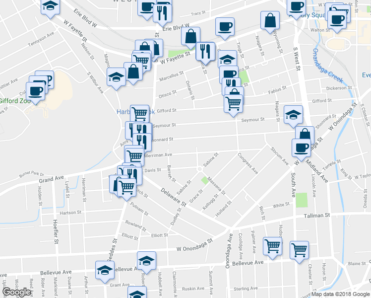 map of restaurants, bars, coffee shops, grocery stores, and more near 308 Merriman Avenue in Syracuse