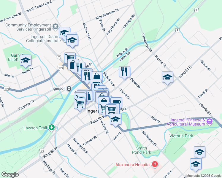 map of restaurants, bars, coffee shops, grocery stores, and more near 98 Mutual Street South in Ingersoll