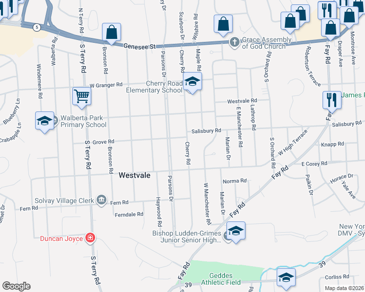 map of restaurants, bars, coffee shops, grocery stores, and more near 314 Cherry Road in Syracuse