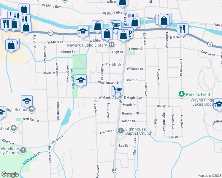 map of restaurants, bars, coffee shops, grocery stores, and more near 114 Washington Street in Newark