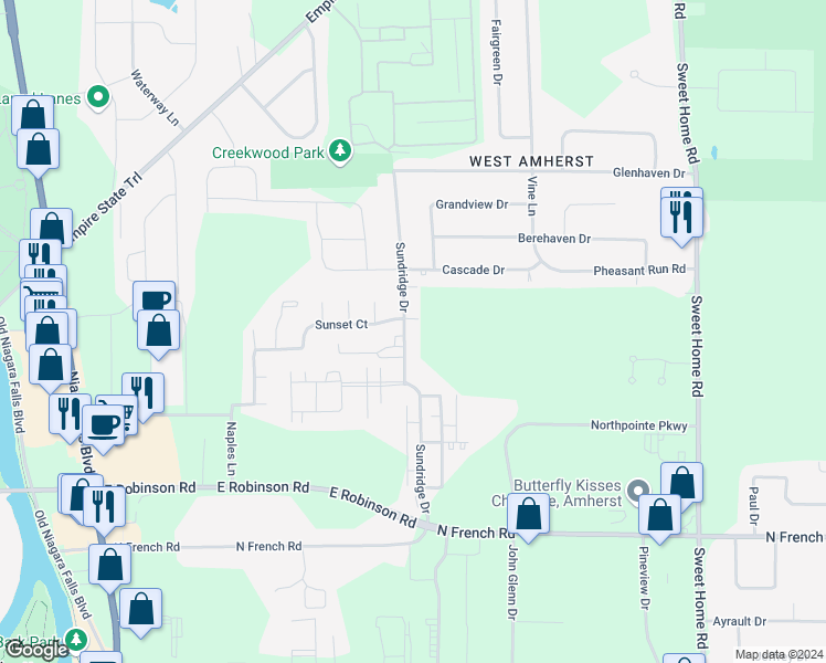 map of restaurants, bars, coffee shops, grocery stores, and more near 197 Sundridge Drive in Buffalo