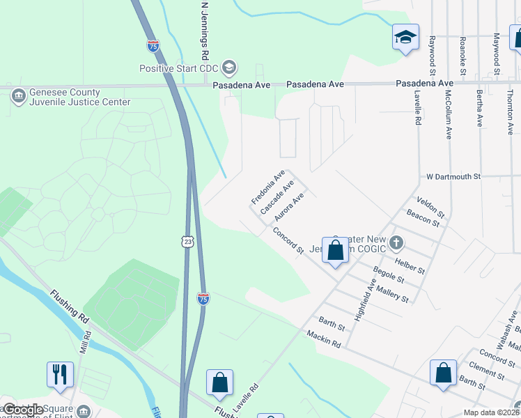 map of restaurants, bars, coffee shops, grocery stores, and more near 2319 Cascade Avenue in Flint