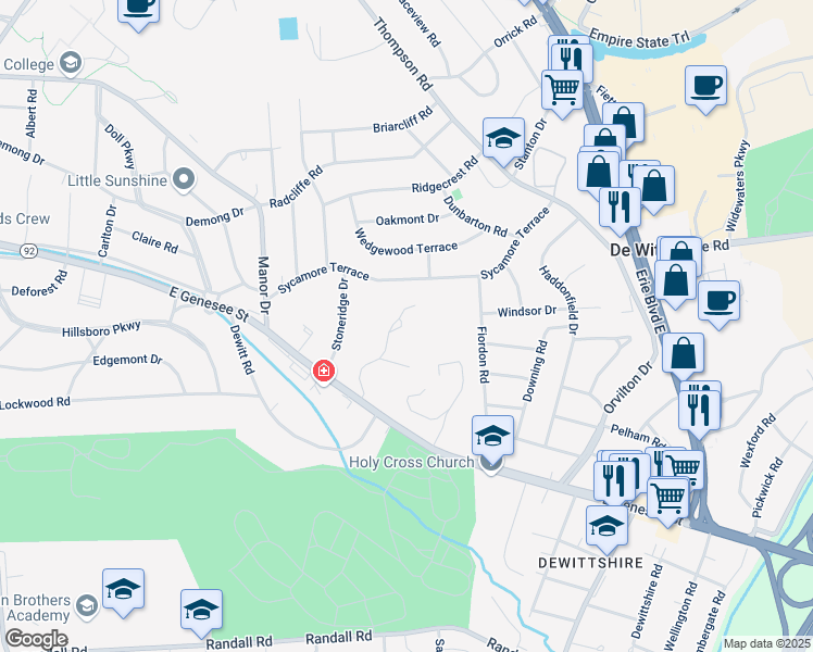 map of restaurants, bars, coffee shops, grocery stores, and more near 18 Arbor Lane in Syracuse