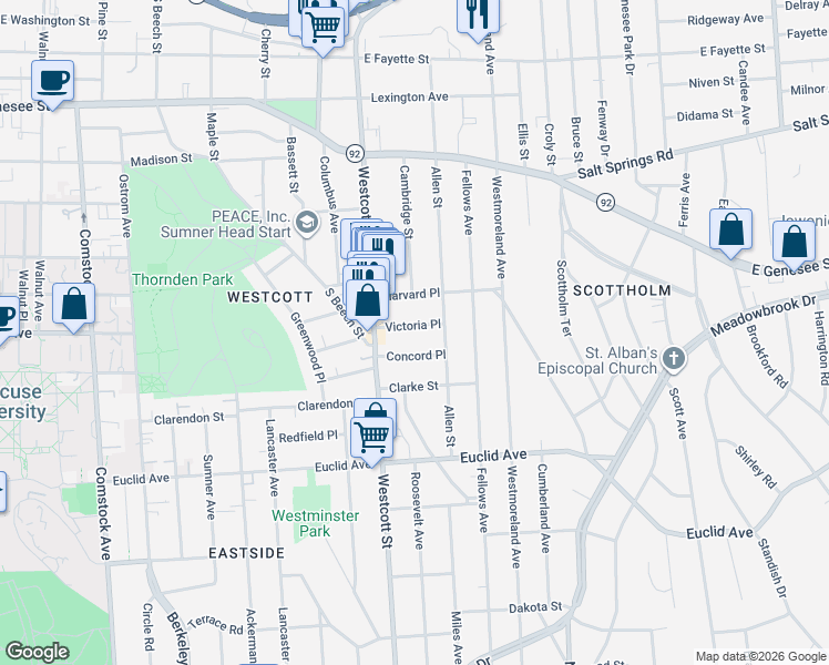 map of restaurants, bars, coffee shops, grocery stores, and more near 121 Victoria Place in Syracuse