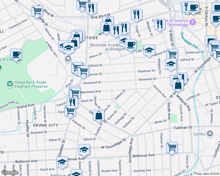 map of restaurants, bars, coffee shops, grocery stores, and more near 405 Shonnard Street in Syracuse
