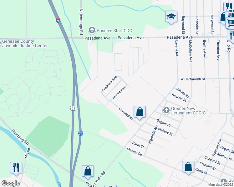 map of restaurants, bars, coffee shops, grocery stores, and more near 3598 Concord Street in Flint