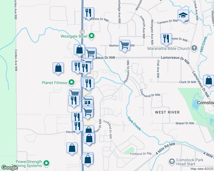 map of restaurants, bars, coffee shops, grocery stores, and more near 649 York Creek Drive in Comstock Park