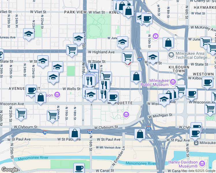 map of restaurants, bars, coffee shops, grocery stores, and more near 836 North 14th Street in Milwaukee