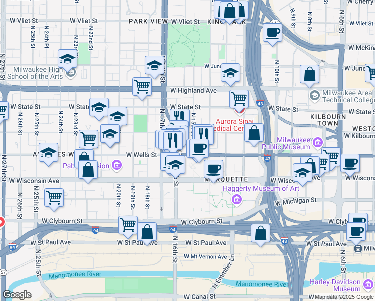 map of restaurants, bars, coffee shops, grocery stores, and more near in Milwaukee