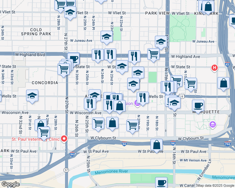 map of restaurants, bars, coffee shops, grocery stores, and more near in Milwaukee