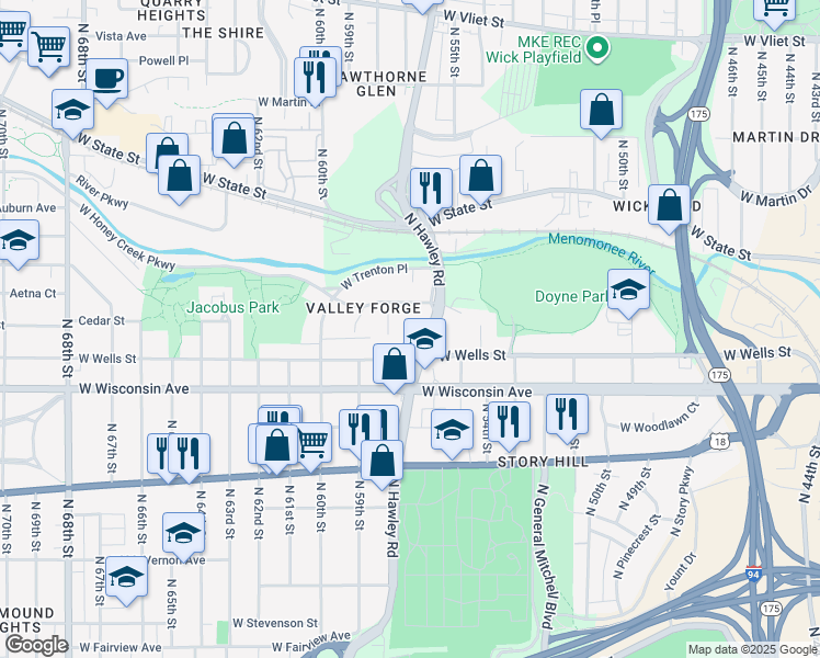 map of restaurants, bars, coffee shops, grocery stores, and more near 5629 West Valley Forge Drive in Milwaukee