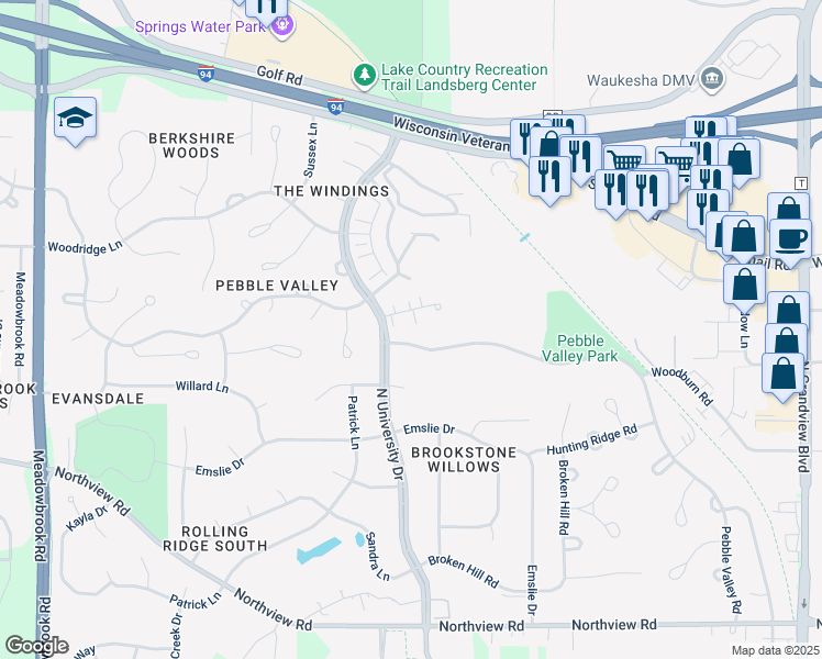 map of restaurants, bars, coffee shops, grocery stores, and more near 2619 North University Drive in Waukesha