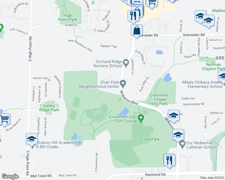 map of restaurants, bars, coffee shops, grocery stores, and more near 1140 Morraine View Drive in Madison