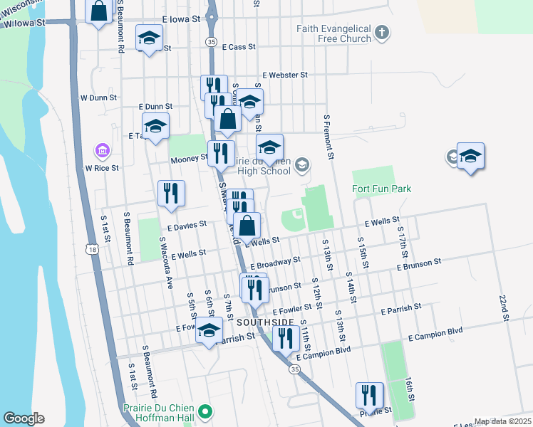 map of restaurants, bars, coffee shops, grocery stores, and more near 809 South Dousman Street in Prairie du Chien
